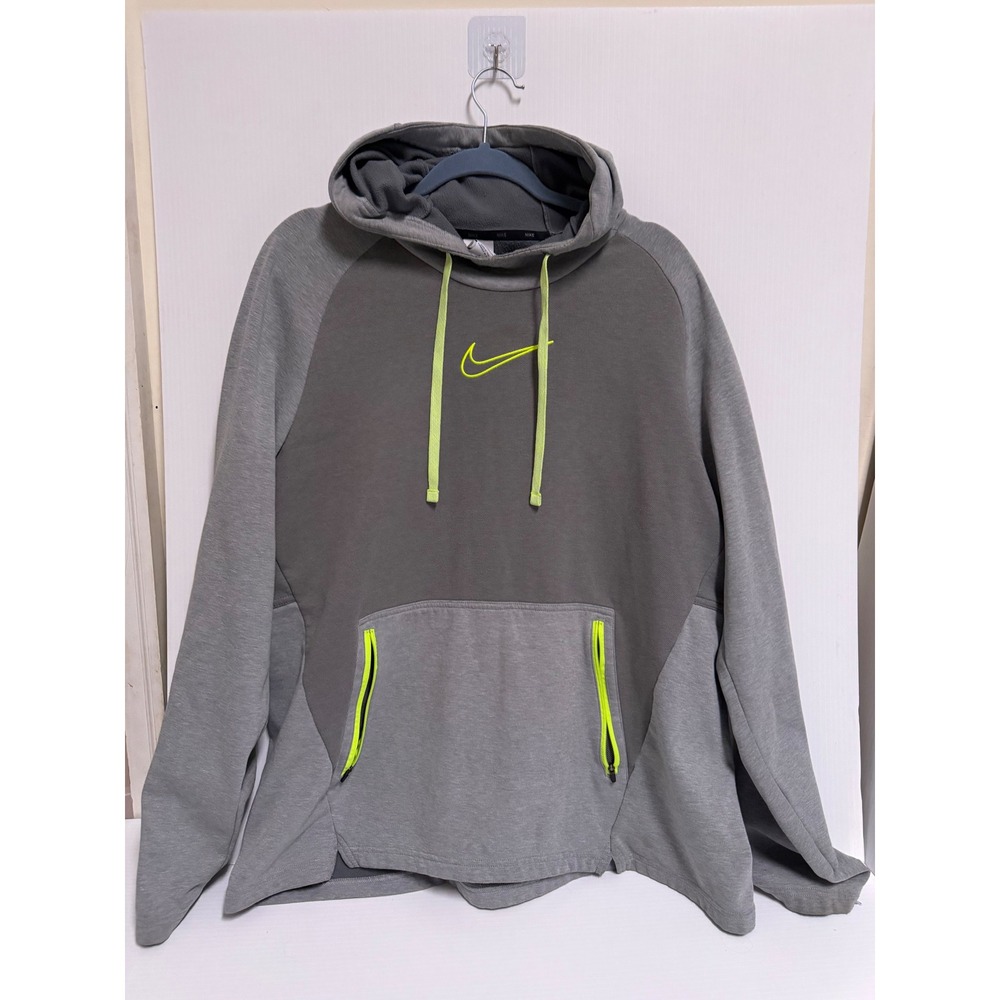 Nike Therma-FIT Grey Neon Green Zipper Pocket Fleece Hoodie Mens XL